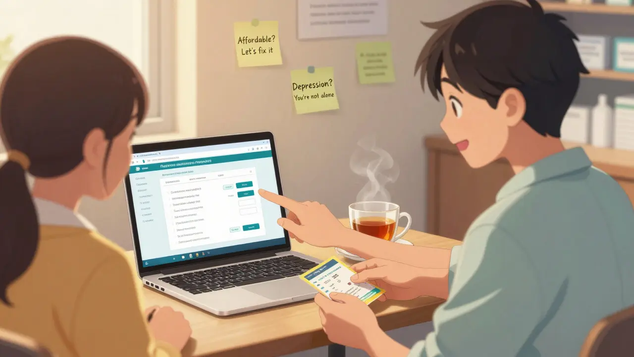 A pharmacist and patient smile together at a laptop showing a financial aid program, tea steaming between them.