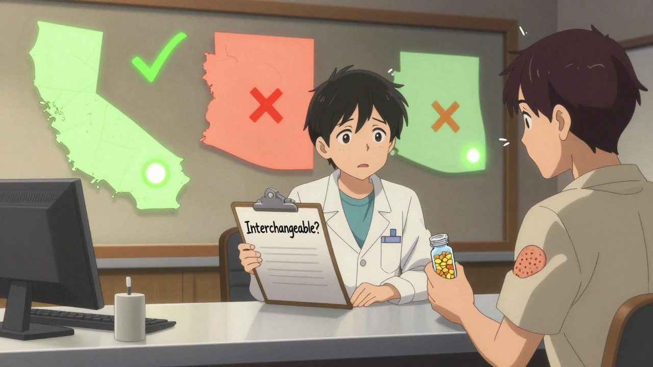 A pharmacist faces state-by-state substitution rules, with floating maps and a concerned patient holding a biosimilar bottle.