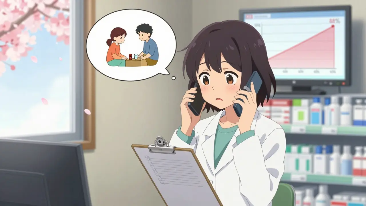 A pharmacist listens on the phone with concern, a graph rising in her thought bubble showing improved medication adherence.