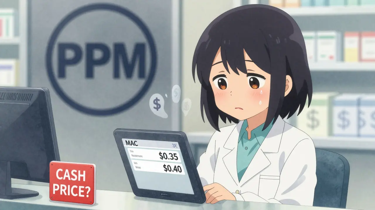 A pharmacist looks sad at a reimbursement screen showing <h2>State Laws Trying to Fix the System</h2>.35 while the drug cost is <h2>State Laws Trying to Fix the System</h2>.40, with a 'CASH PRICE?' sticker visible.