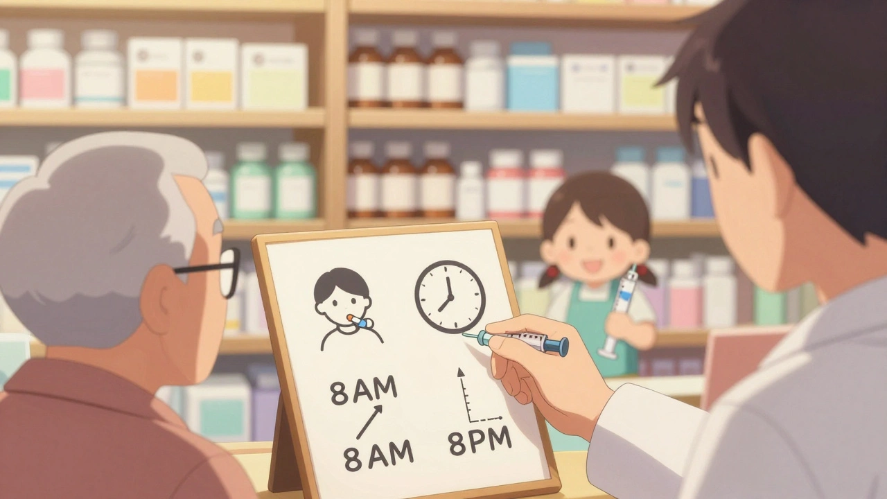 A pharmacist shows an elderly man a simple pictogram chart with a clock and pill drawing, in a warm, pastel pharmacy setting.