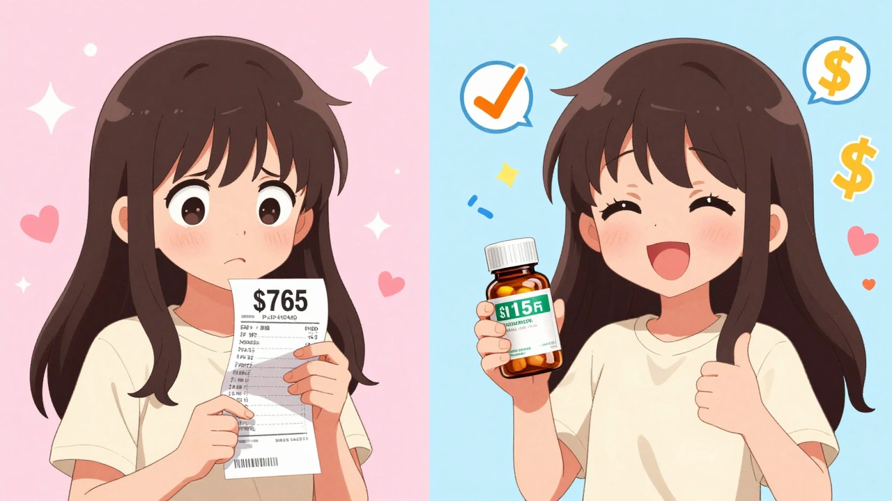 A side-by-side comparison of a costly brand-name prescription versus a cheap generic, with happy expressions.