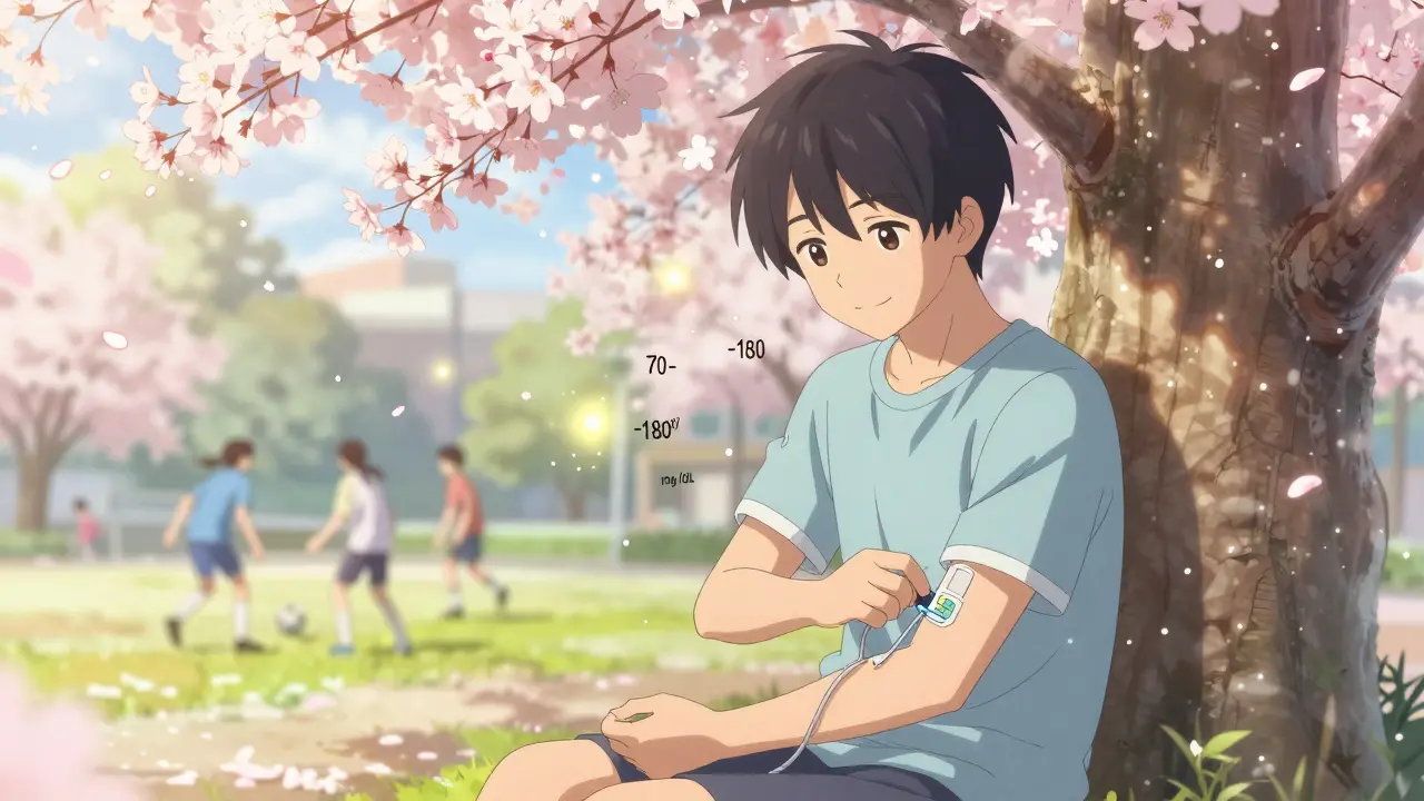 A teen adjusts his insulin pump under blooming cherry blossoms, sugar levels floating like fireflies.