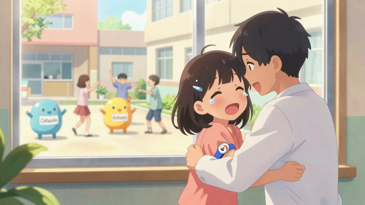 A teen hugging her doctor while holding a medical bracelet, surrounded by friendly antibiotic mascots in a sunny courtyard.