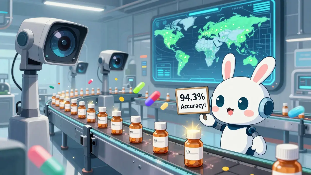 AI cameras scanning pill bottles on a factory conveyor with a cute robot assistant.