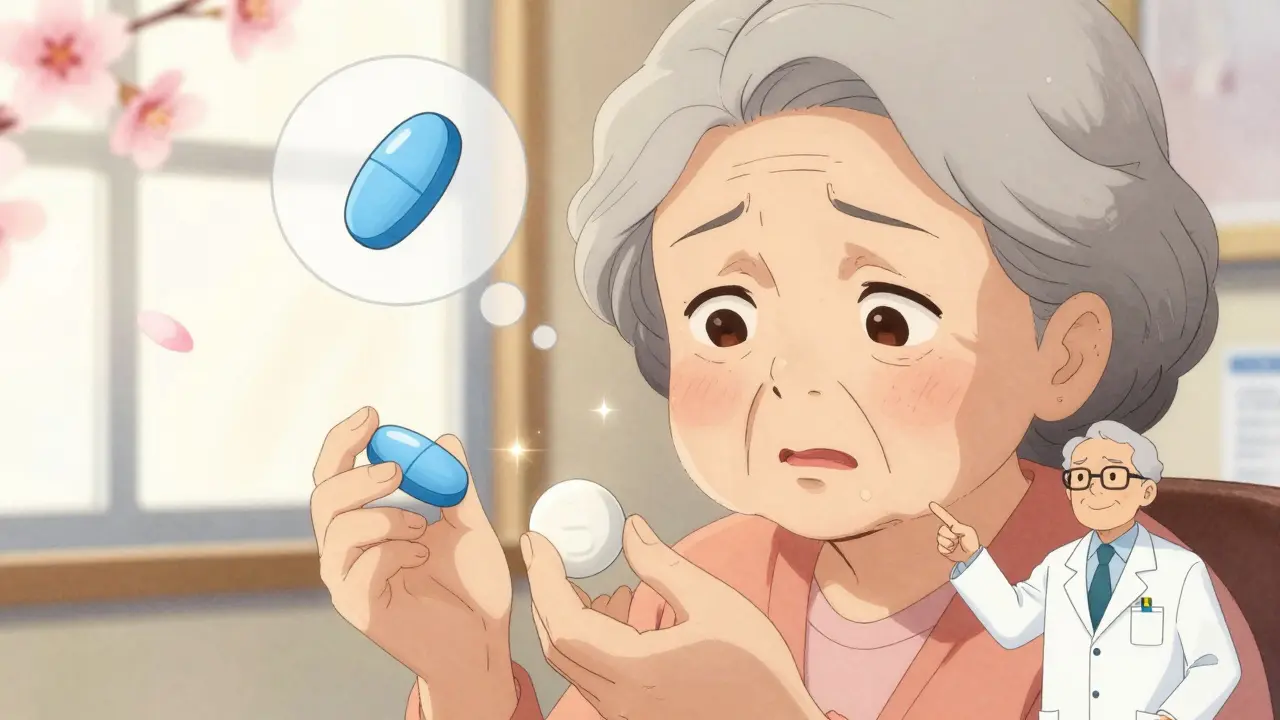 An elderly woman holding two differently shaped pills while a pharmacist explains the switch with a reassuring smile.