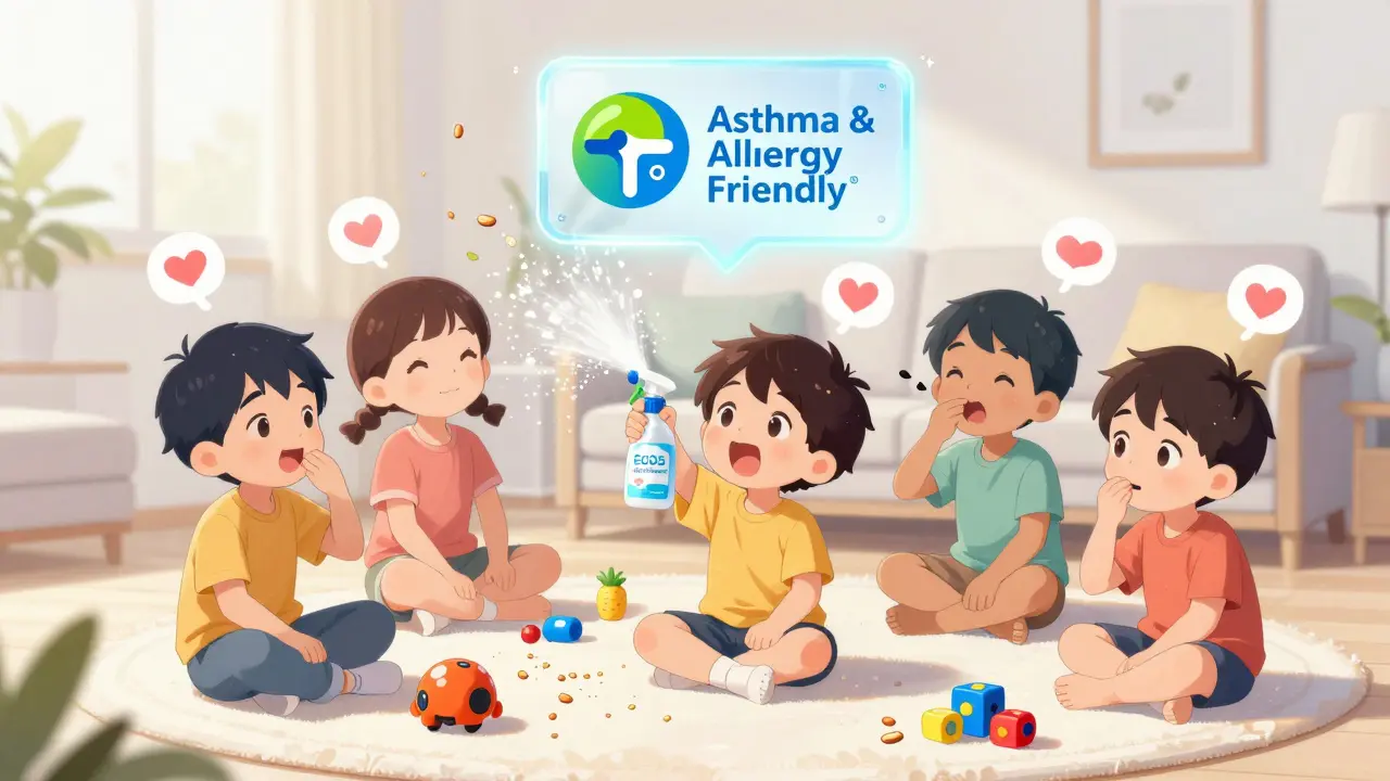 Children playing with toys as a gentle mist clears allergens, certified cleaner bottle glowing with a safety badge above them.