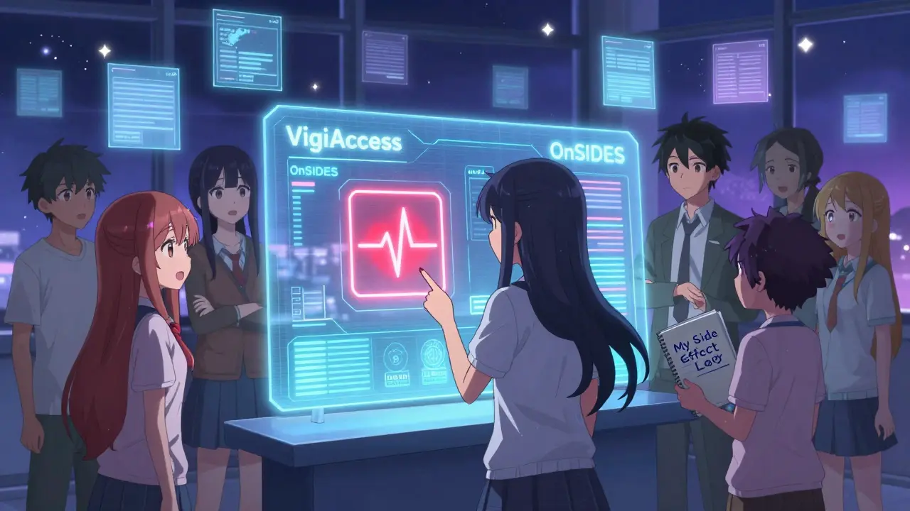 Diverse characters studying drug safety data on a holographic screen at night.