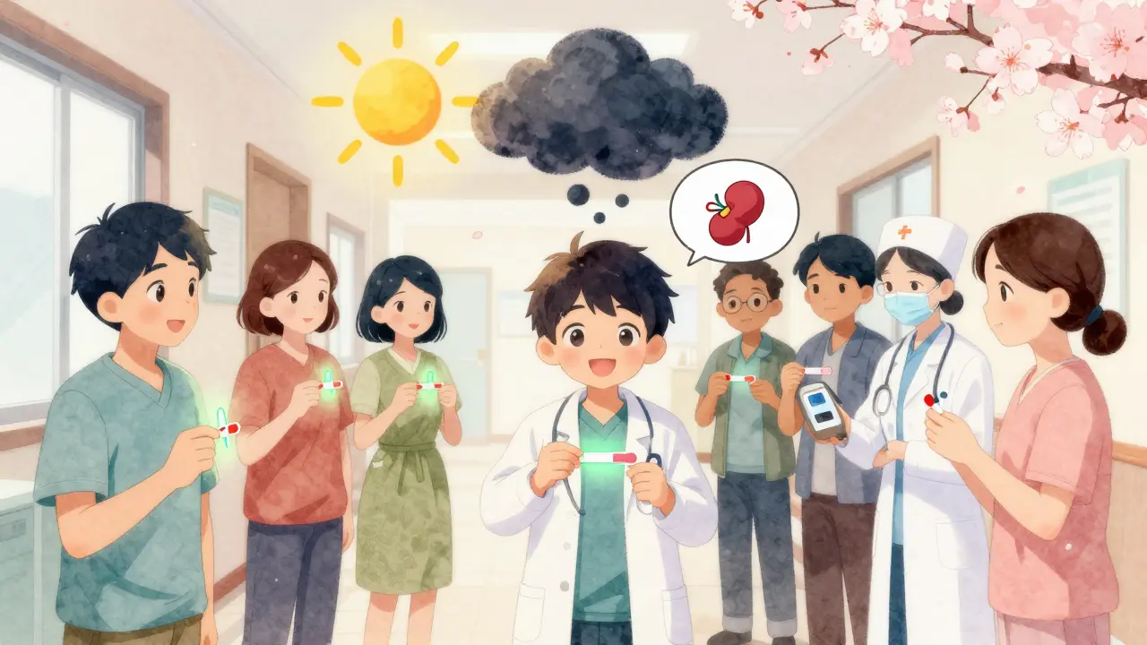 Diverse patients and nurse in clinic, urine strips glowing green or red, dark cloud turning to sun, cherry blossoms falling.