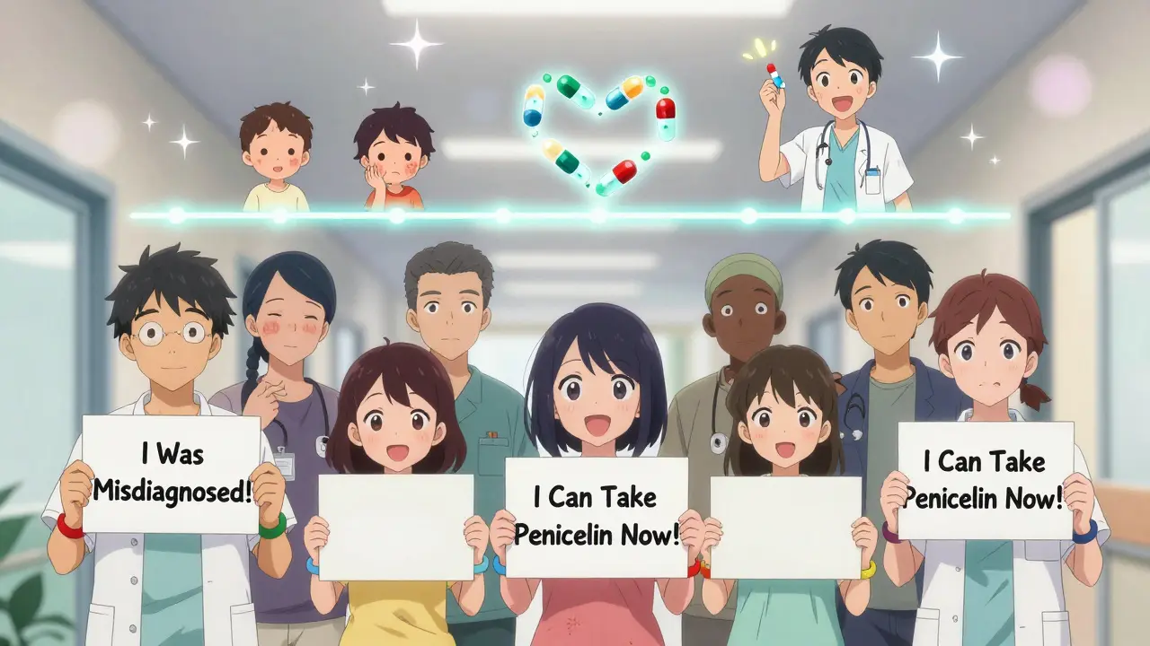 Diverse patients celebrating after being de-labeled as penicillin-allergic, with a fading rash timeline and glowing penicillin molecules.