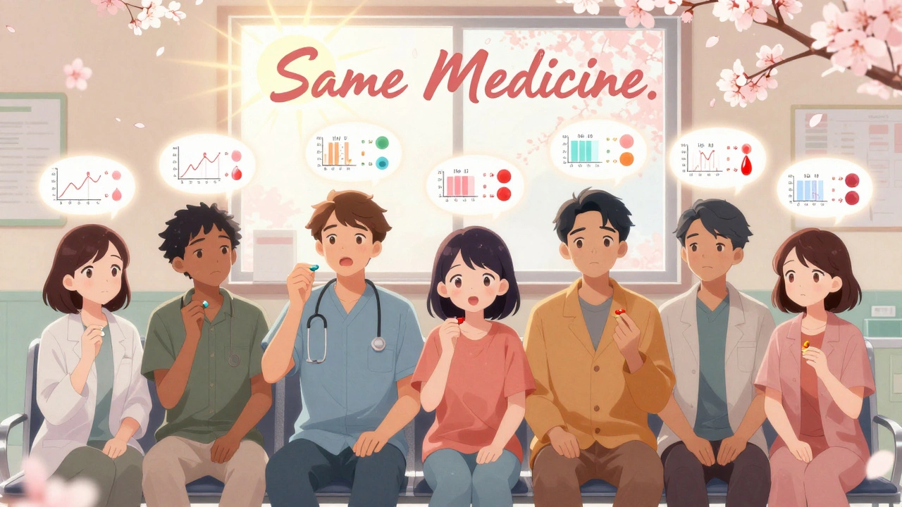 Diverse patients in a clinic with glowing health metrics showing identical results for brand and generic drugs.