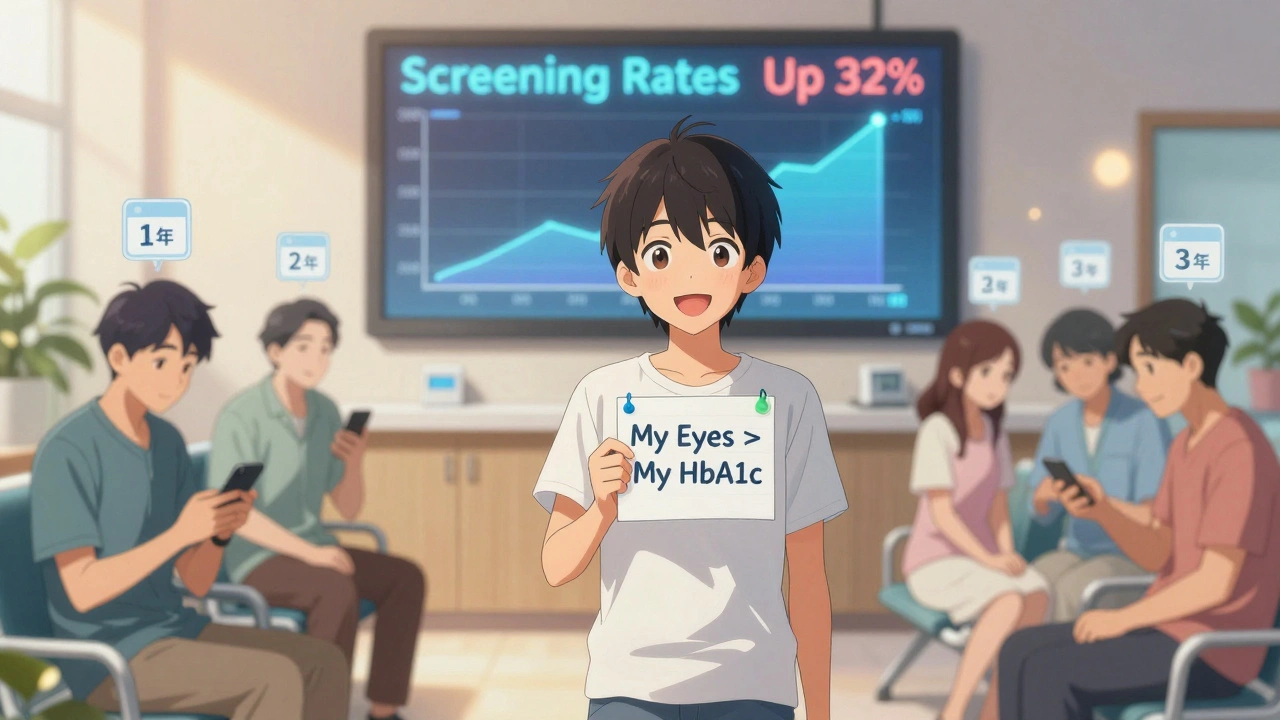 Diverse patients in clinic with personalized screening schedules floating above their heads.