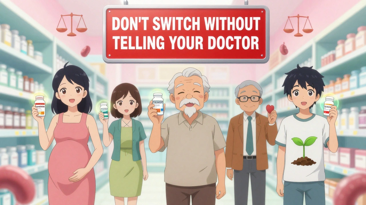 Diverse patients stand in a pharmacy, each holding different levothyroxine brands, warned not to switch without consultation.