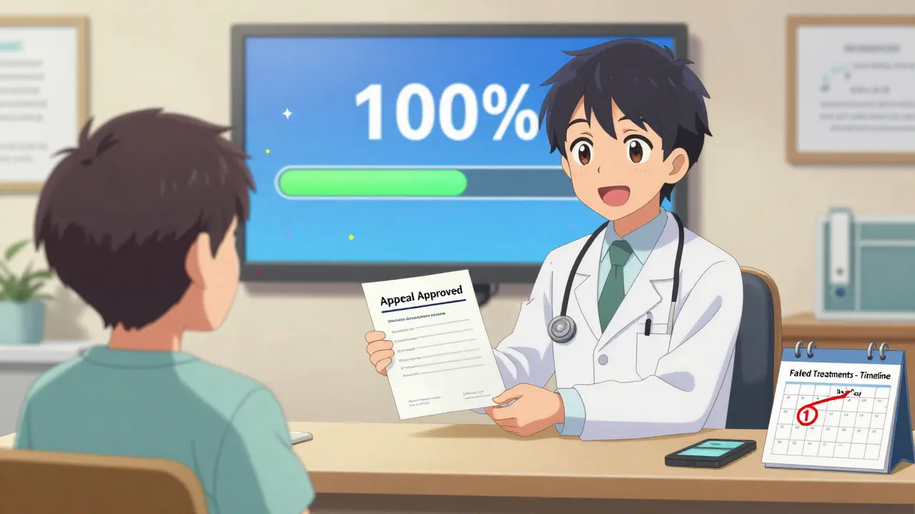 Doctor handing approved appeal letter to patient in clinic with progress bar at 100%.