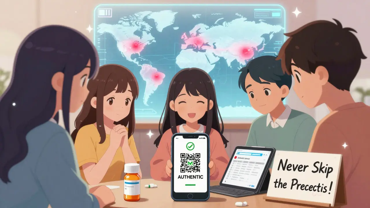 Friends celebrate a verified pill scan, with a holographic map showing global counterfeit hotspots in the background.