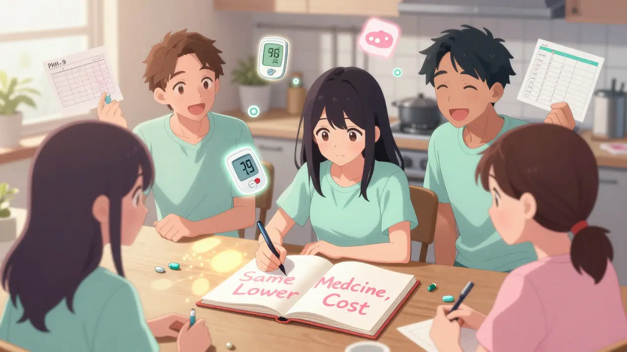 Friends gathered at a table tracking medication changes with a notebook, blood sugar monitor, and health charts floating nearby.