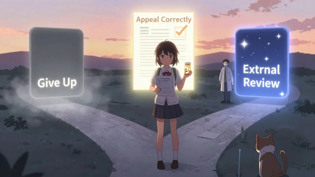 Girl choosing the right path to appeal medication denial with glowing options.