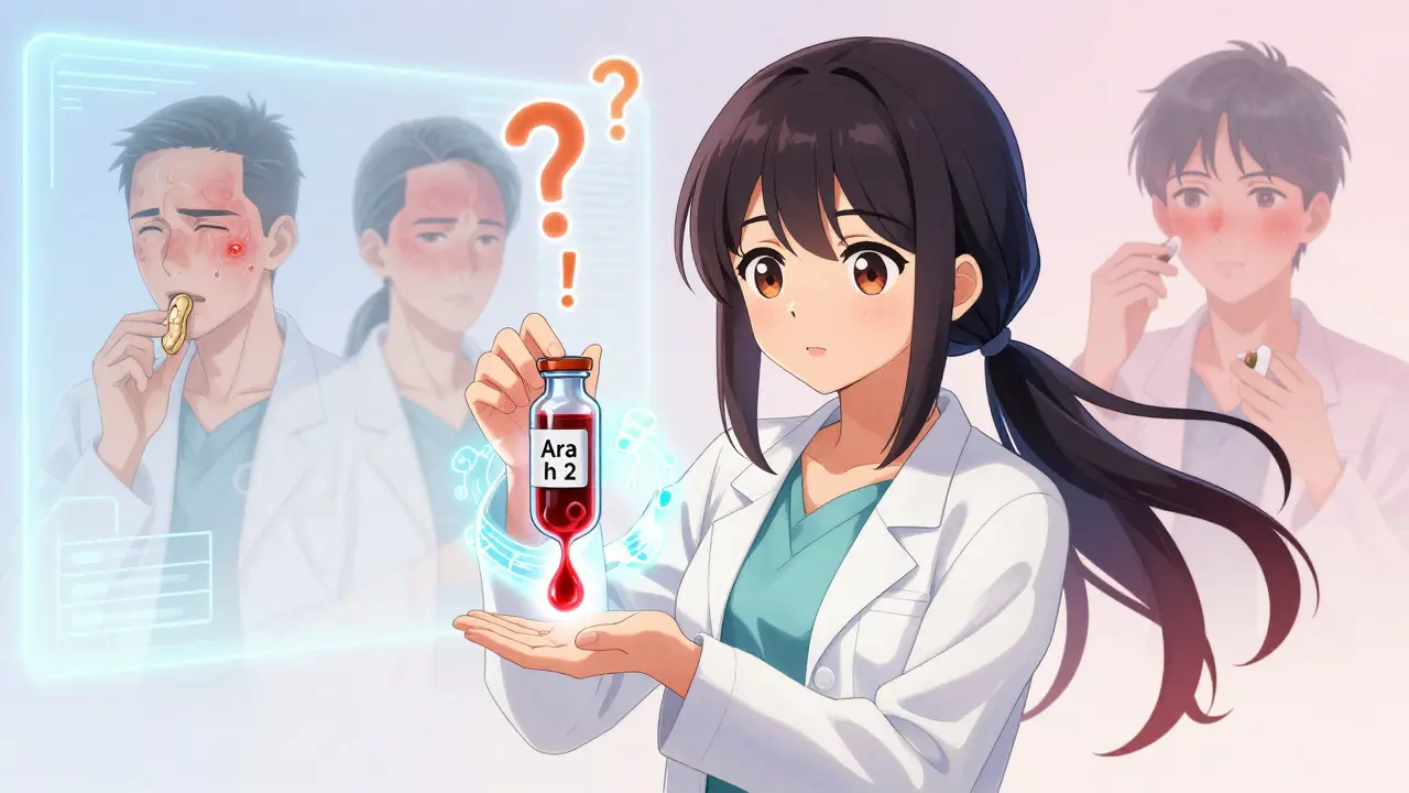 Girl holding glowing blood vial projecting peanut protein map, two reaction figures fading into diagnostic screen.