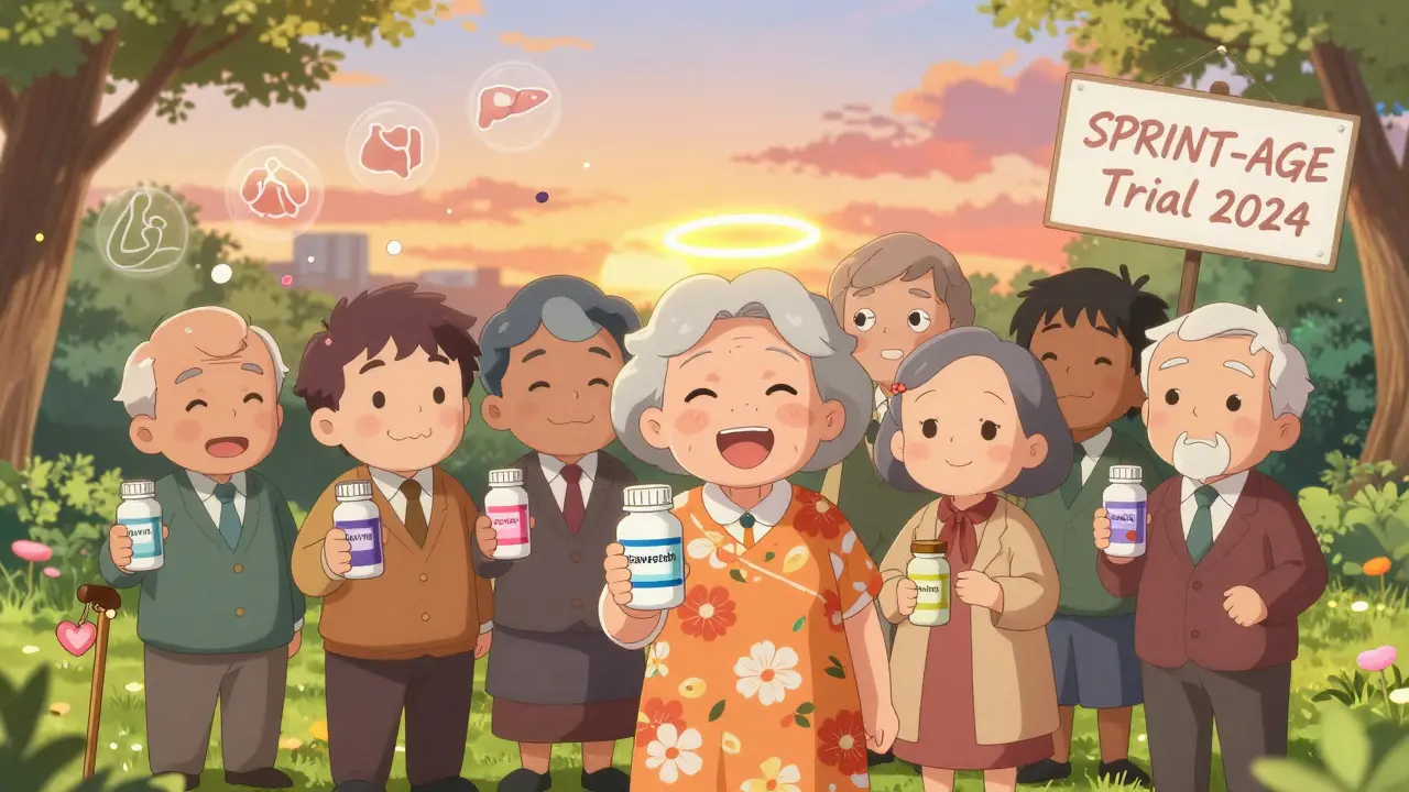 Group of seniors in park, one holding glowing pravastatin pill as others relax peacefully.