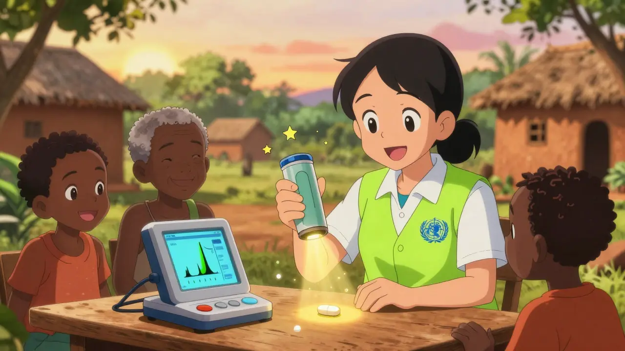 Health worker using a handheld device to verify medicine in a rural village.