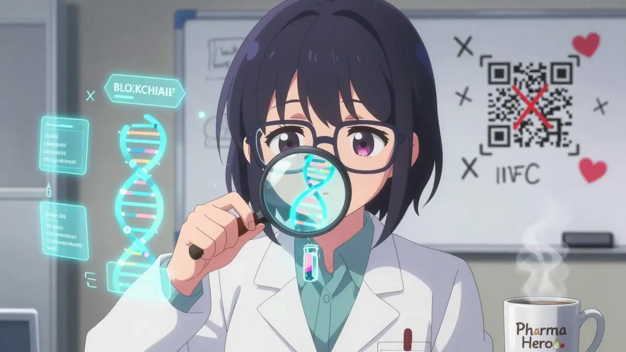 Lab technician viewing glowing DNA strands in a vial under a magnifying glass.