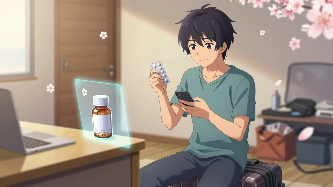 Man texting sister while holding medication during move