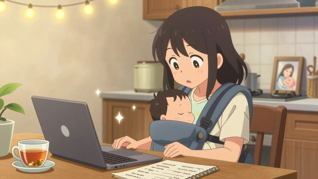 Mother reviewing medication safety info on her laptop while baby naps in a carrier.