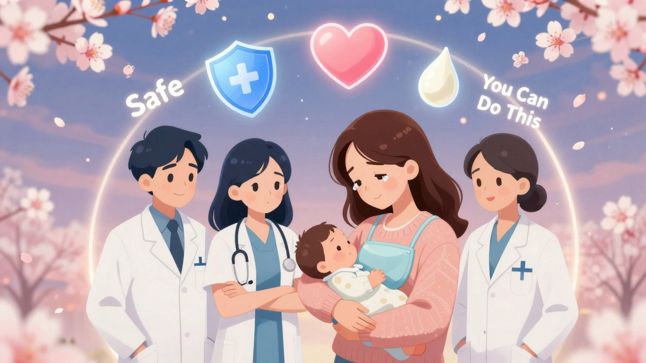 Mother surrounded by healthcare providers with safety icons and cherry blossoms.
