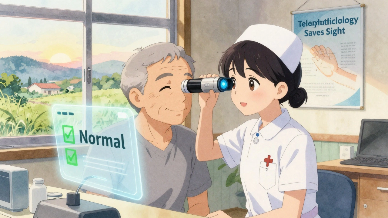 Nurse using compact retinal camera on elderly patient in rural clinic, no dilation needed.