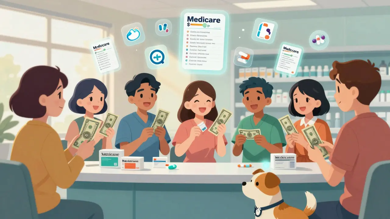 Patients smile while receiving  generic prescriptions under glowing sunlight, with floating icons of common medications above them.
