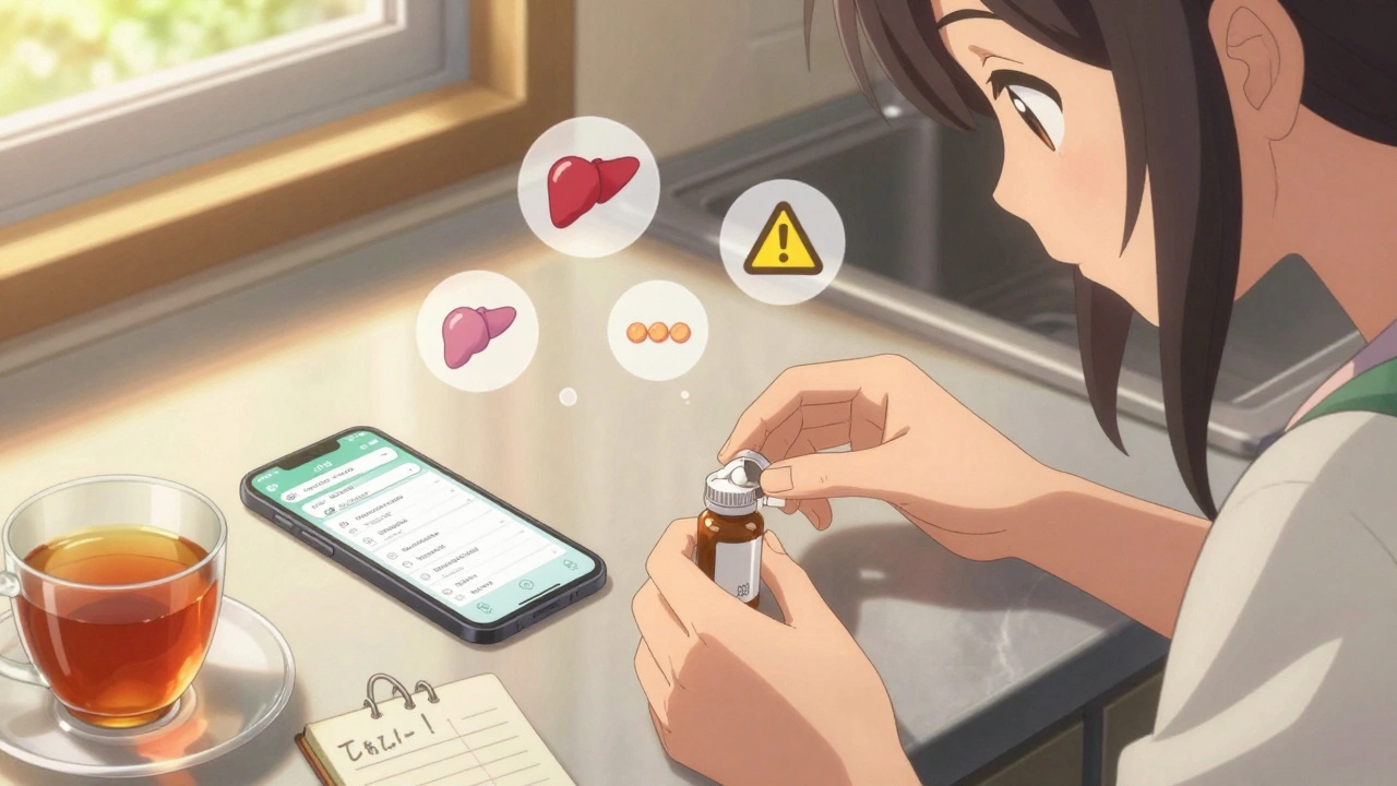 Person organizing pills on kitchen counter with phone showing a medication tracker app.