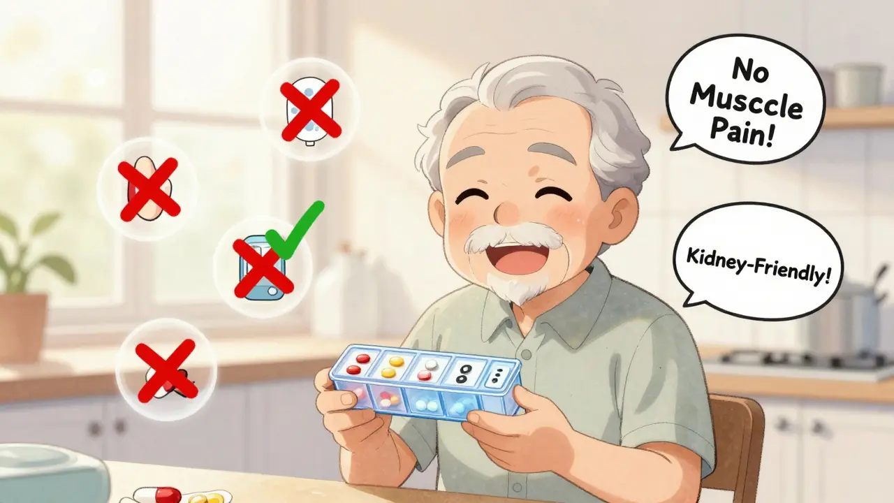 Senior man with pill organizer, pravastatin highlighted with green checkmark among other meds.