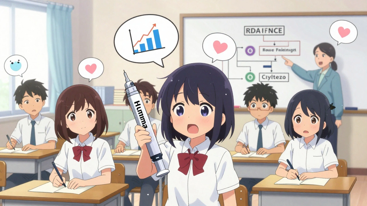 Students in a classroom learn about interchangeable biosimilars with cartoonish visual aids and glowing insulin pens.