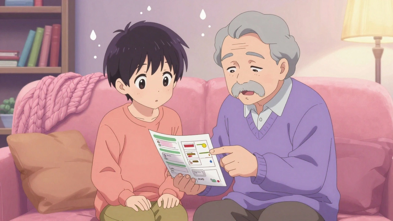 Teen and grandparent reviewing medication guide together on a cozy couch.