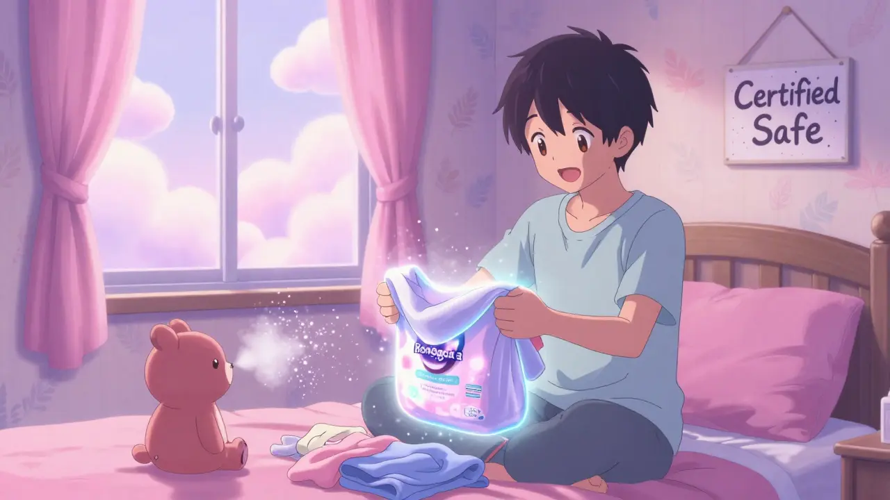 Teen folding laundry in a cozy room, allergens disappearing from clothes, soft pastel lighting and clean air floating nearby.