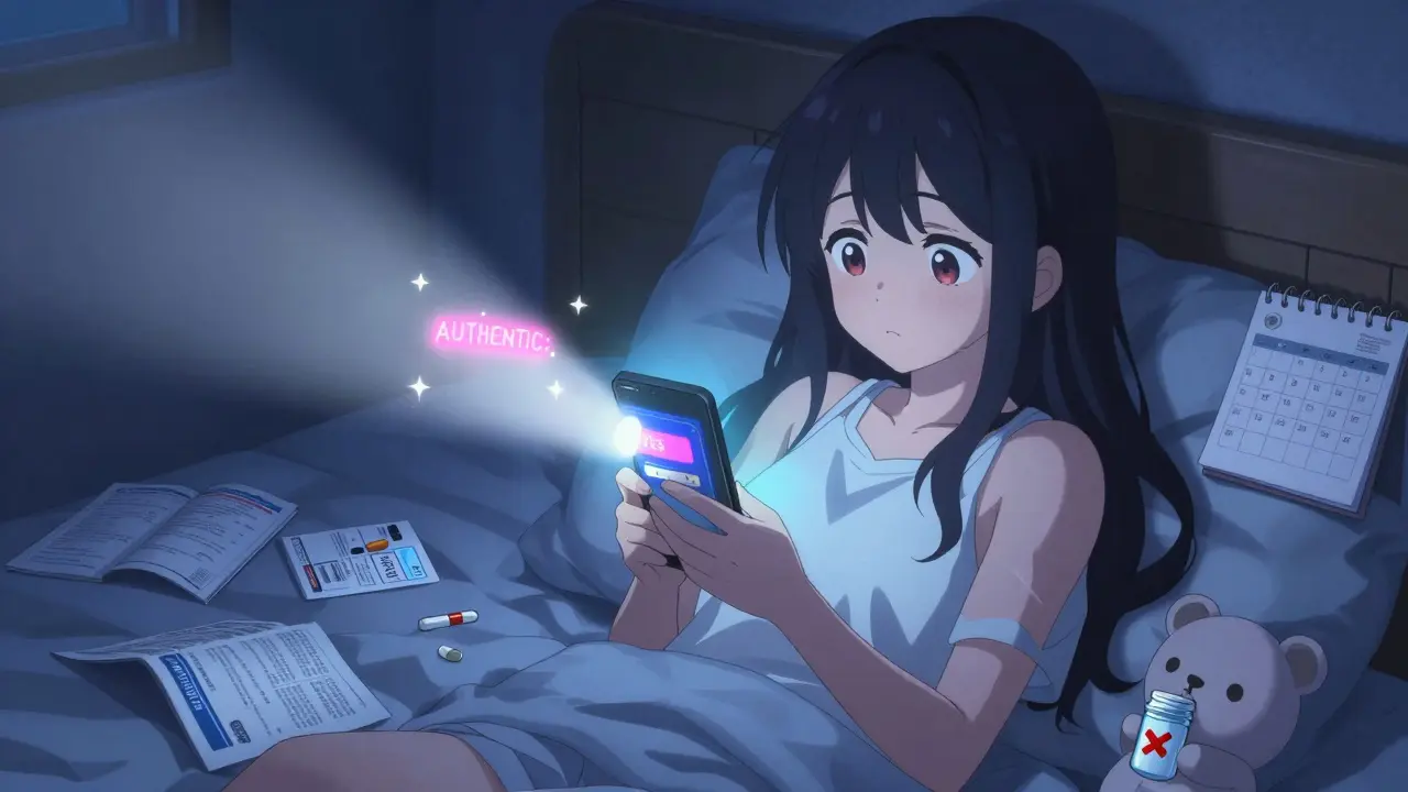 Teen girl checking pill authenticity via SMS on her phone at night.