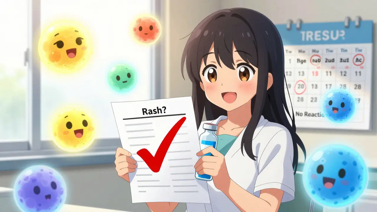 Teenager smiling with medical chart showing penicillin checkmark, colorful immune cells floating around her.