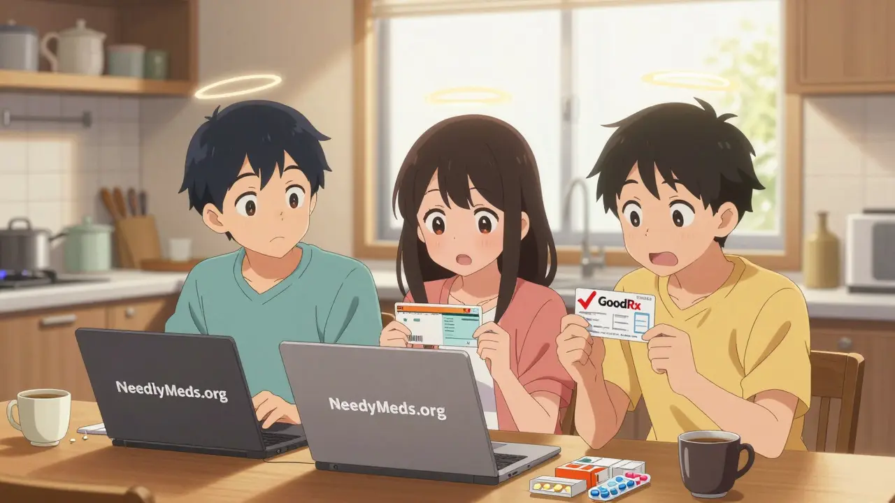 Three friends helping each other find affordable medication options at home.