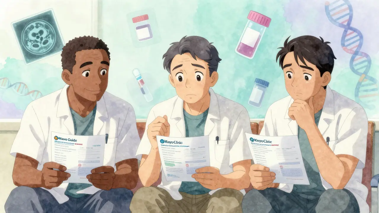 Three men of different backgrounds discuss prostate screening options using visual guides in a community center.