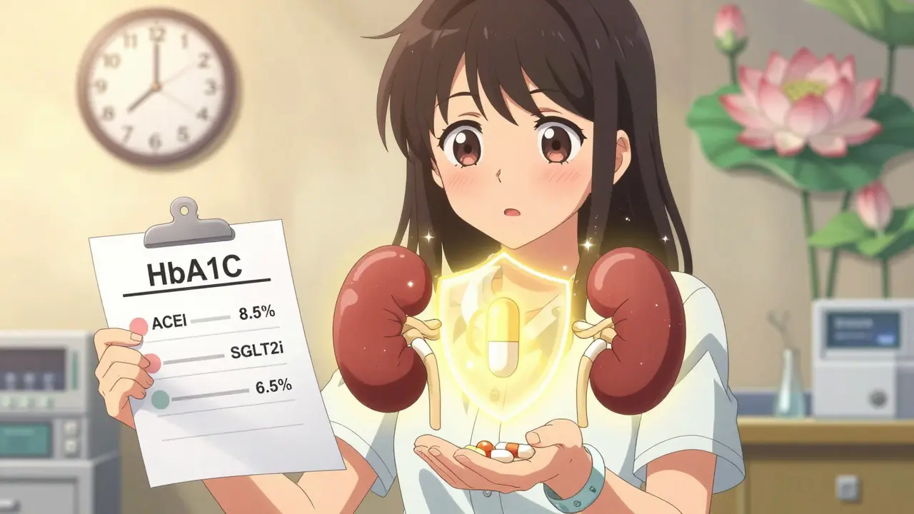 Woman holding three glowing kidney-protecting pills, HbA1c chart dropping, protective light rays shielding her kidneys.