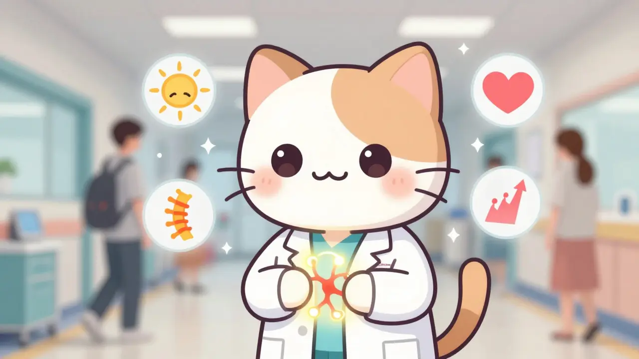 A cute cat in a lab coat holding a glowing nerve bundle with icons of pain, fatigue, and mood.
