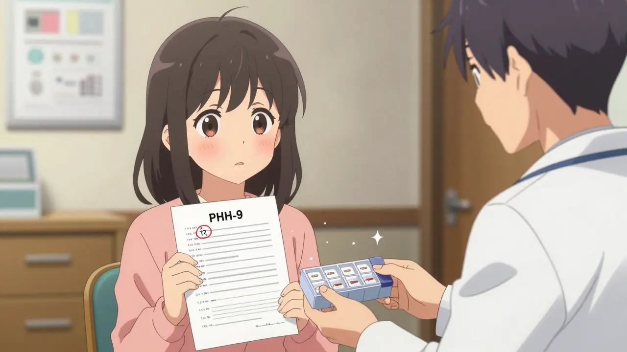 A doctor gently offers a pill organizer to a patient in a warm clinic, showing quiet support and hope.