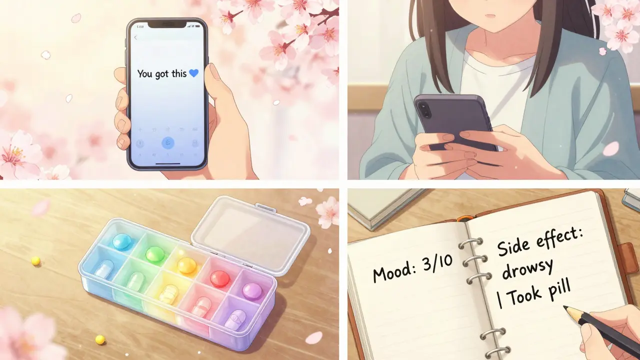 A four-panel daily routine shows reminders, texts, pill boxes, and journaling, symbolizing small steps toward adherence.