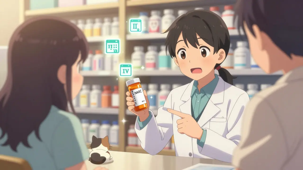 A friendly pharmacist explains a labeled prescription to a curious customer with floating schedule icons.