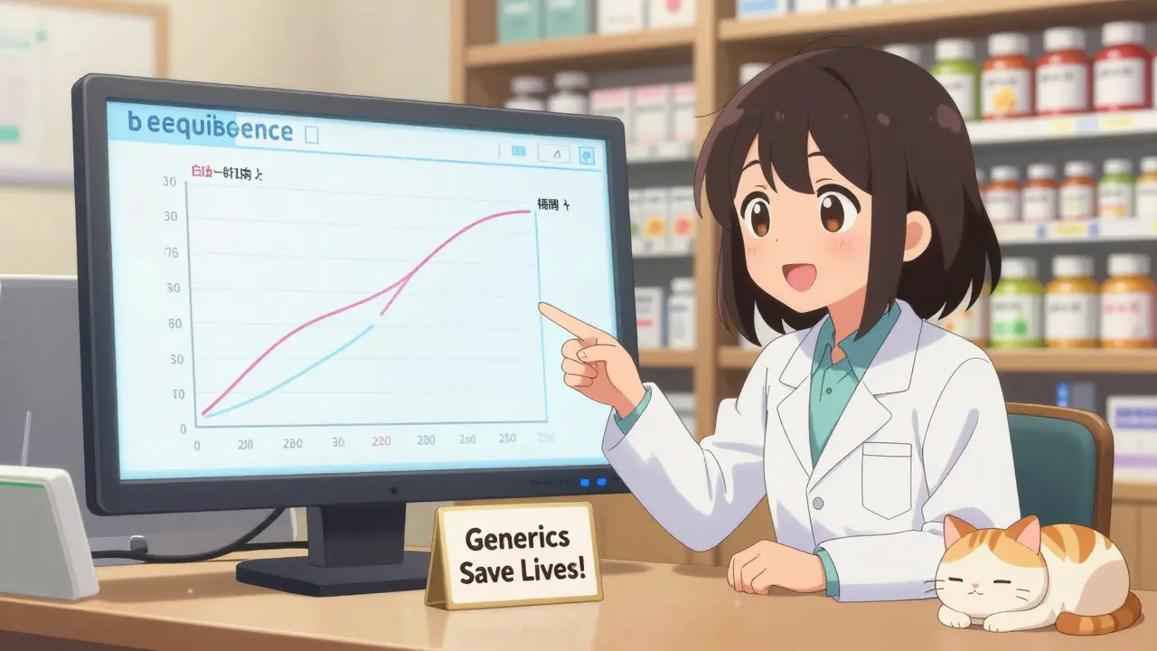 A friendly pharmacist shows a bioequivalence graph to a patient, with colorful generic pill bottles in the background.