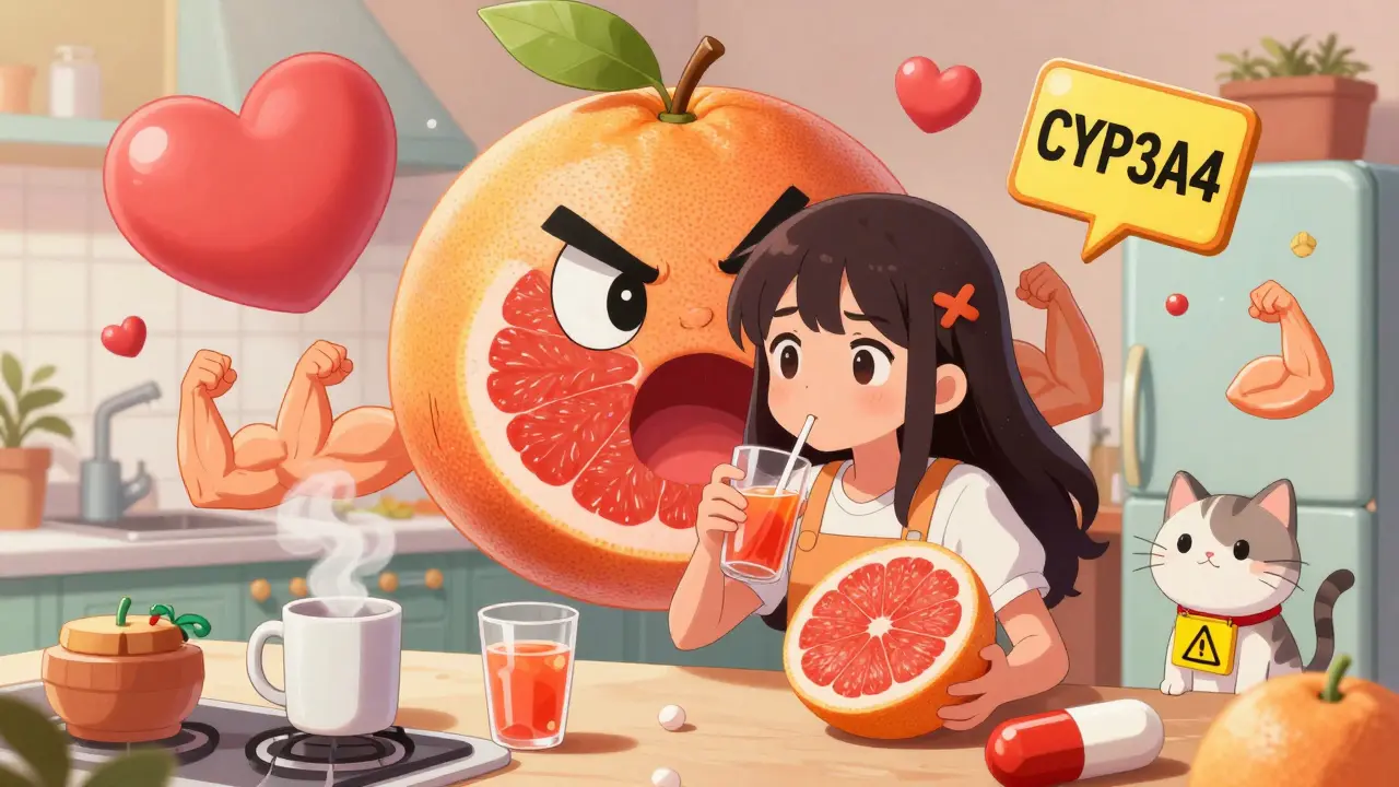 A girl drinking grapefruit juice while a giant grapefruit blocks liver enzymes, causing pills to swell dangerously.