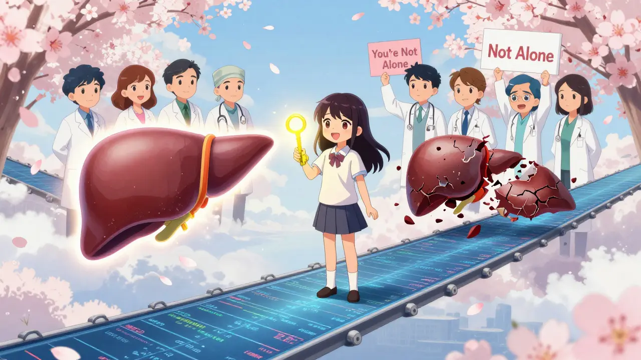 A girl holds a key to a transplant, standing on a bridge of medical data with a supportive team behind her.