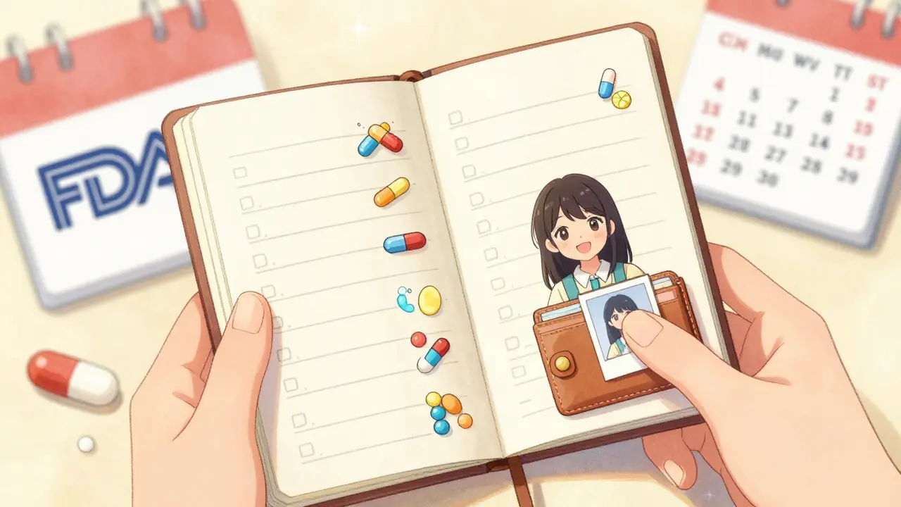 A girl holds a notebook with hand-drawn pill sketches and a printed photo of her medication in her wallet.