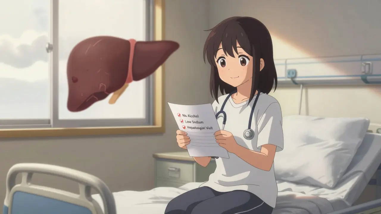 A girl in a hospital room holds a health checklist, her shadow showing both healthy and damaged liver.