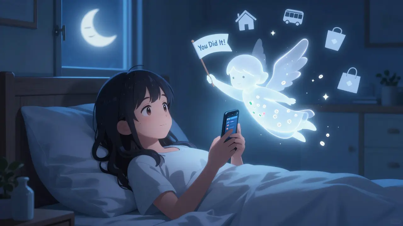 A girl smiling at her phone showing a 30-day medication streak, with a glowing pill angel beside her.